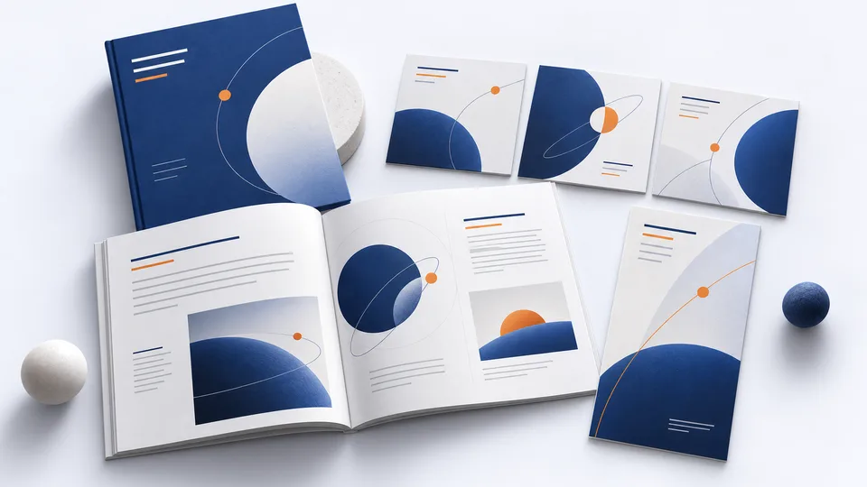 An open guide, a cover and several content adaptations sharing a consistent visual direction.